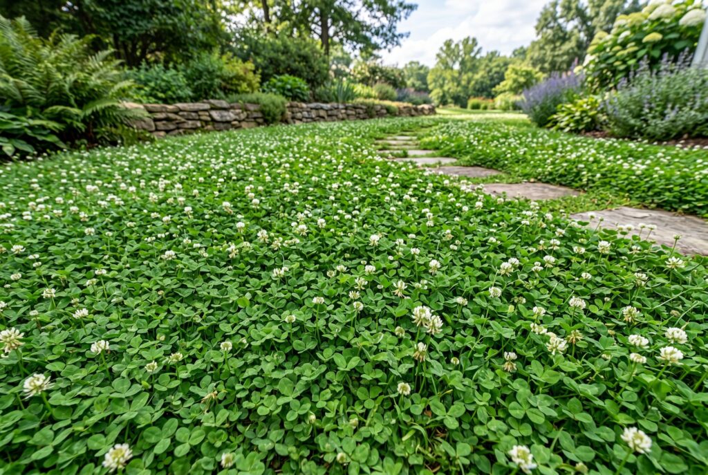 Microclover creating a green living mulch and soft lawn alternative around stone steps.