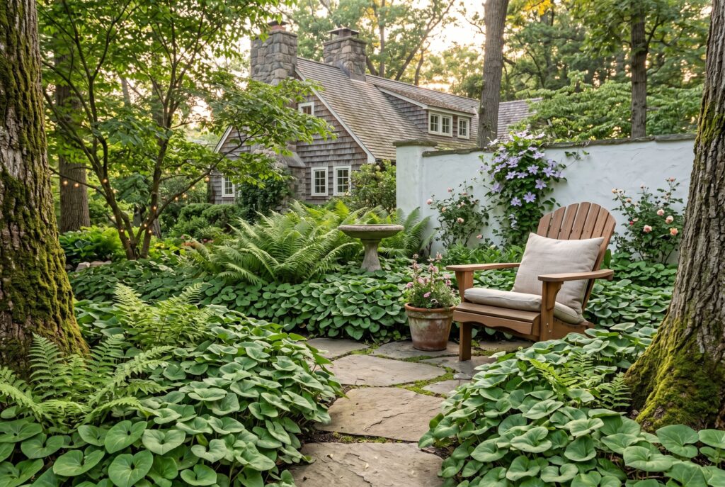 Wild ginger creating a woodland carpet of broad heart-shaped leaves around a garden seating area.