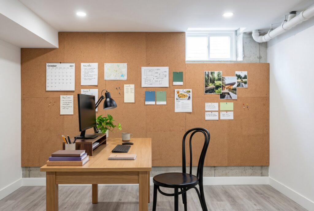 Cork board wall in basement home office with notes, calendar, and workspace setup. 