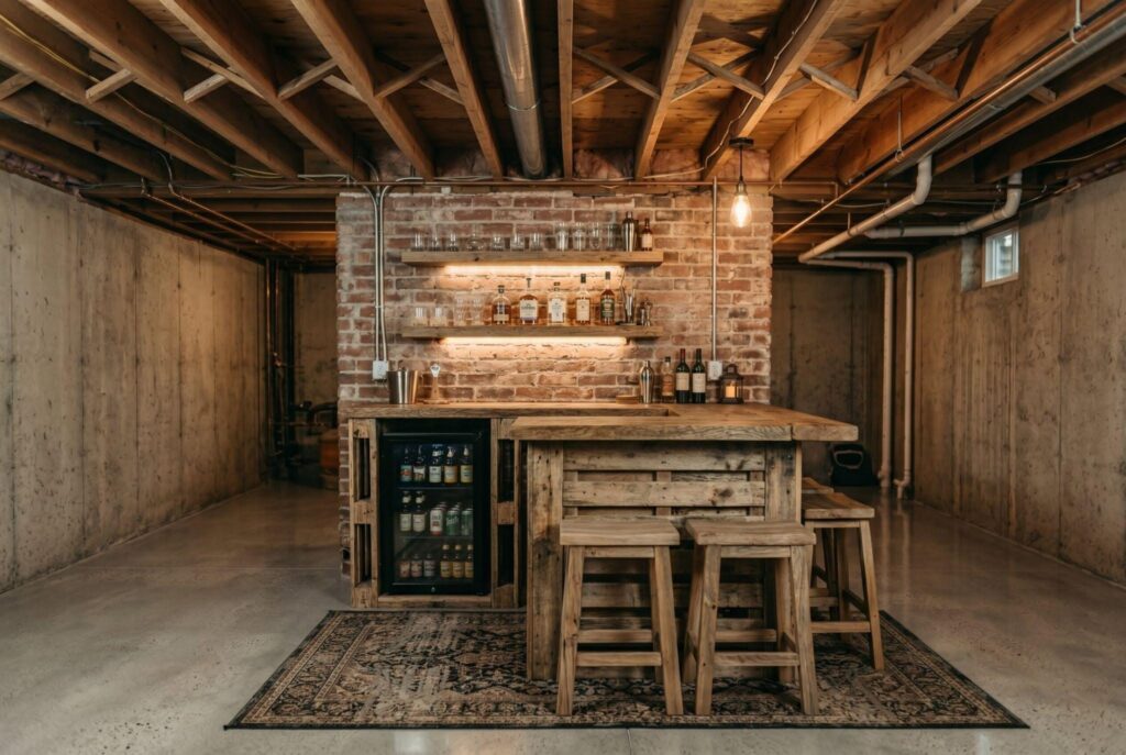 Rustic pallet wood basement bar with beverage fridge, floating shelves, and brick backdrop.