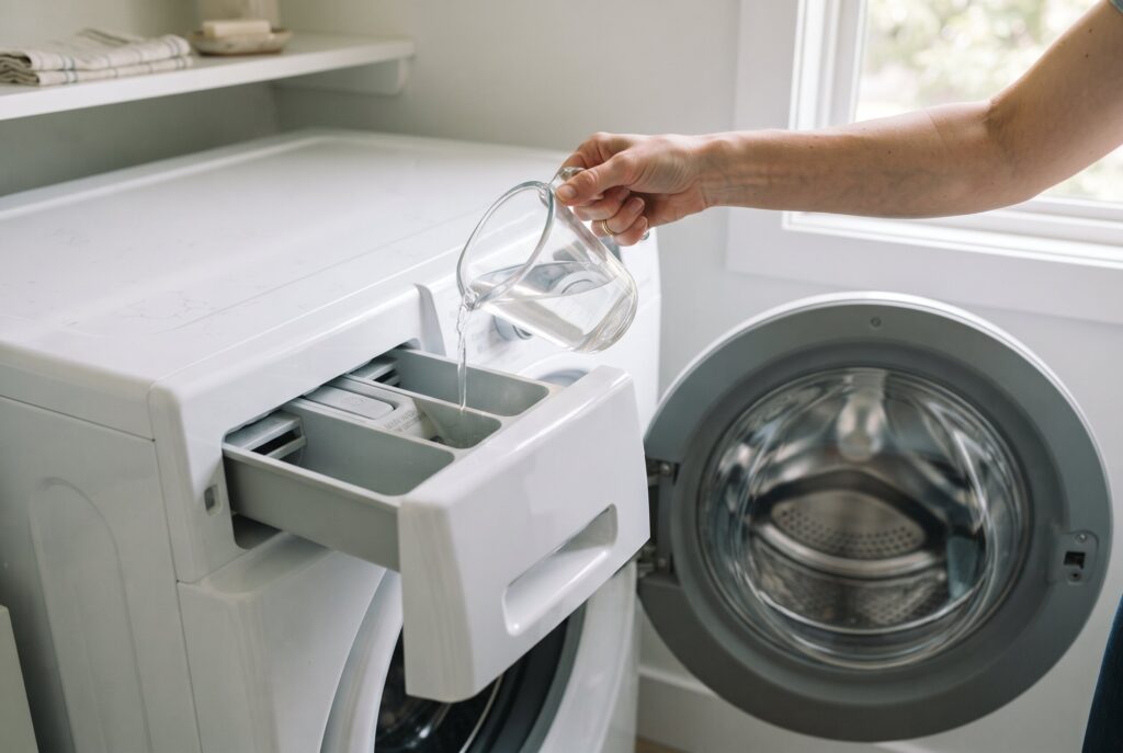 A hand pours a clear liquid from a glass measuring cup into the detergent drawer of a washing machine.
