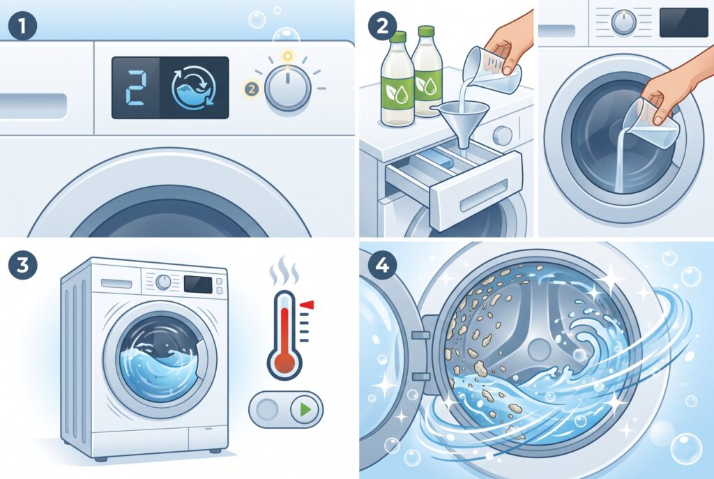 Four steps of the second cycle: selecting a cycle, adding 2 cups of white vinegar to the drum, using hot water, and running it.