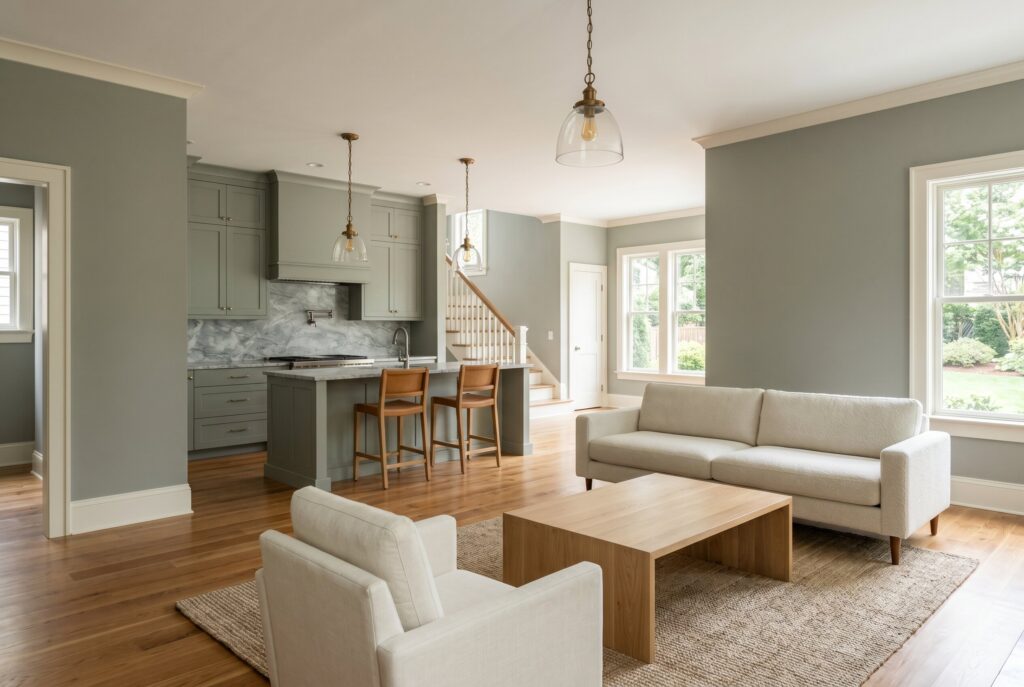 Gray green living room with cream sofas, oak coffee table, and muted green kitchen cabinetry. 