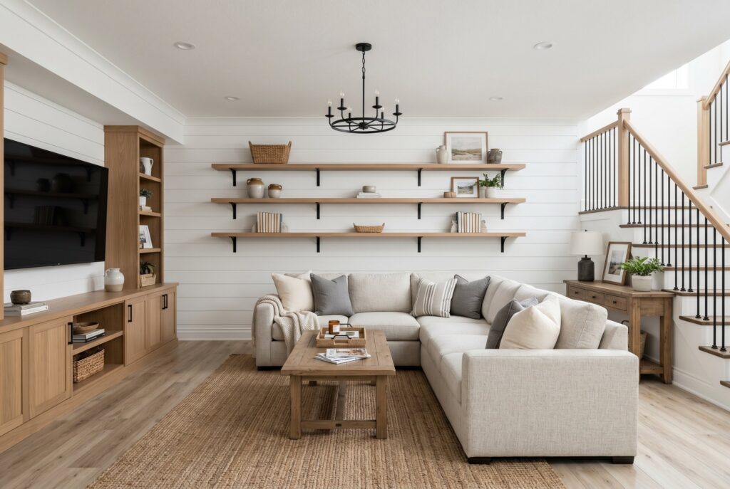 Modern farmhouse basement lounge with oak shelving, sectional sofa, and bright palette.