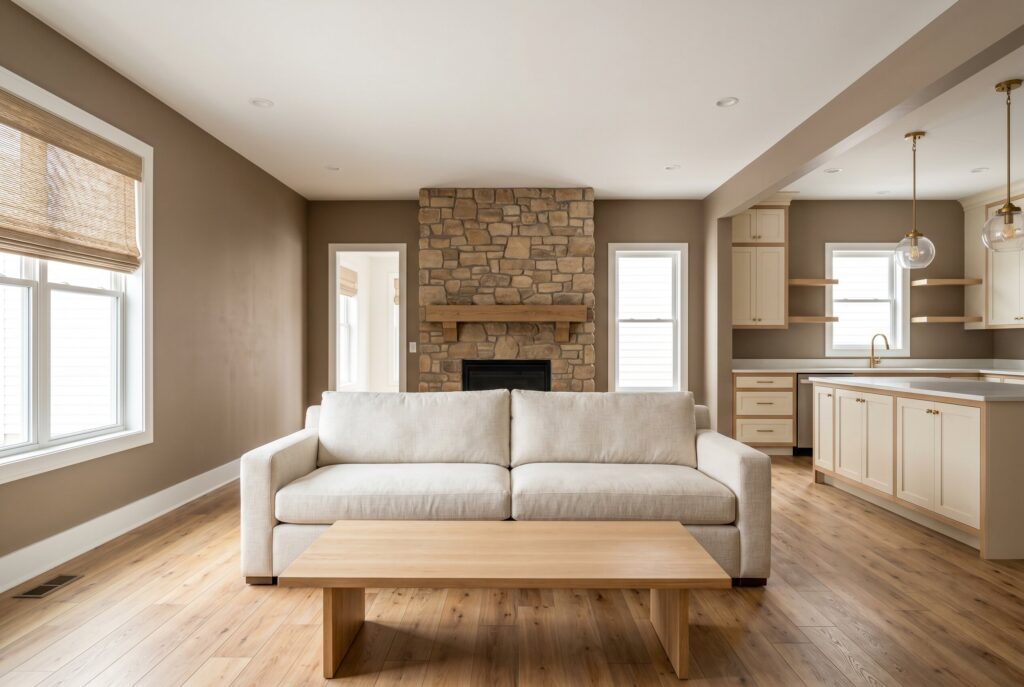 Clay taupe living room with cream sofa, stone fireplace, and warm neutral kitchen. 