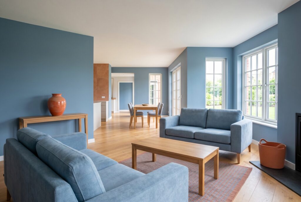 Dusty blue living room with matching blue sofas, terracotta accents, and warm wood flooring. 
