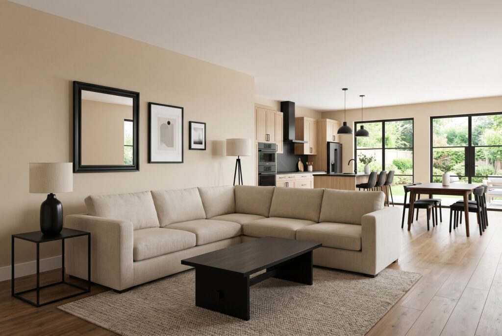 Stone beige living room with oversized cream sectional, black accent table, and dining area. 