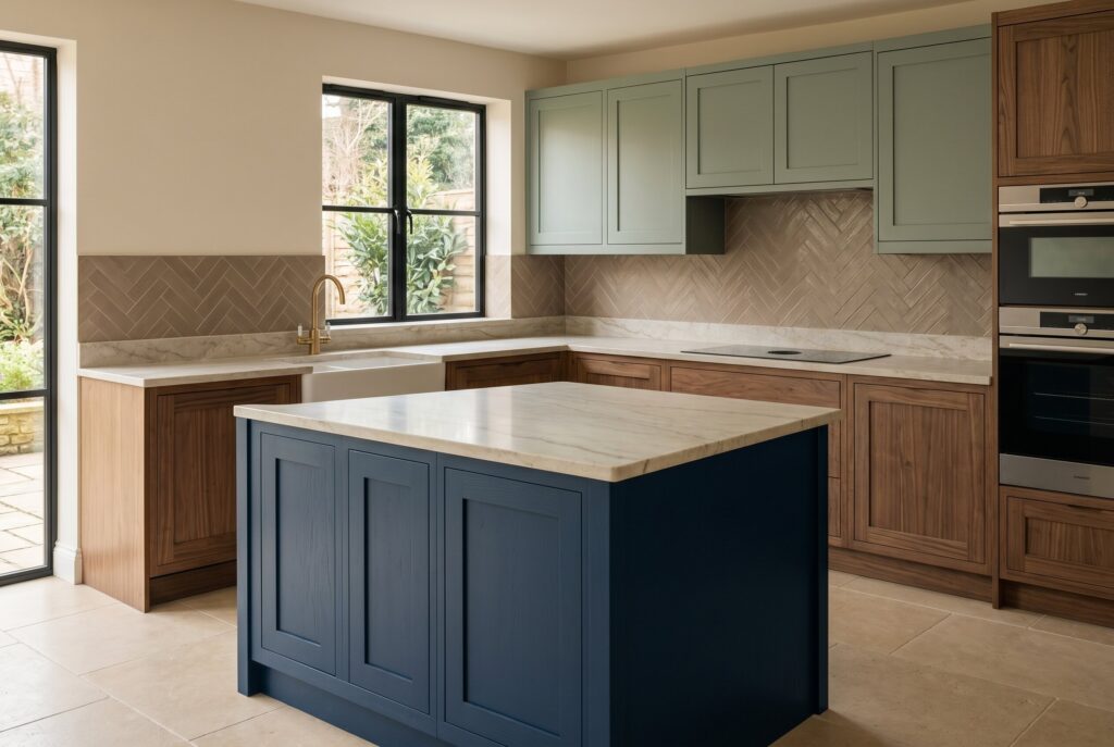 Transitional kitchen with sage upper cabinets, walnut lowers, and navy island centerpiece.