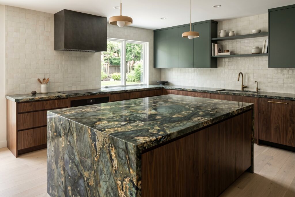 Waterfall island featuring dramatic green stone countertop and walnut cabinetry.