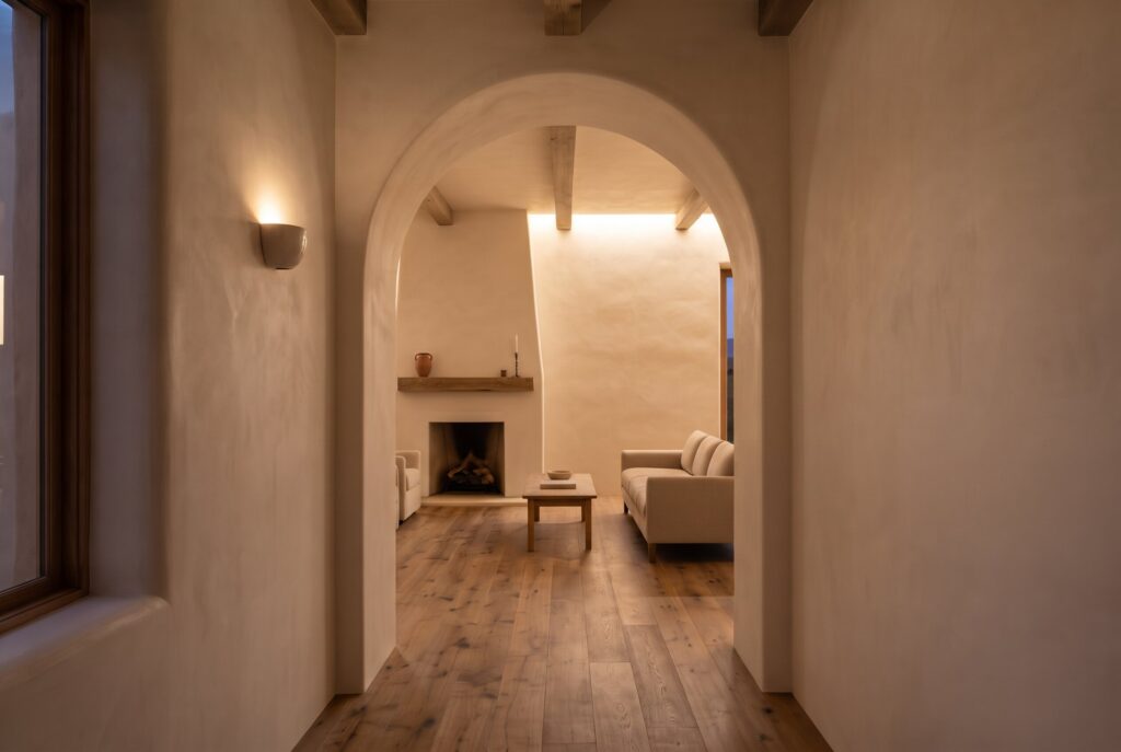 Modern white plaster archway opening to a living room with a minimalist fireplace, simple sofa, and light wood floors. 