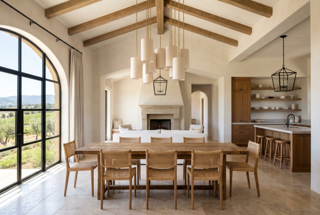 Modern dining-kitchen space with a large table, woven chairs, a linen-shade chandelier, and sleek black iron lanterns.
