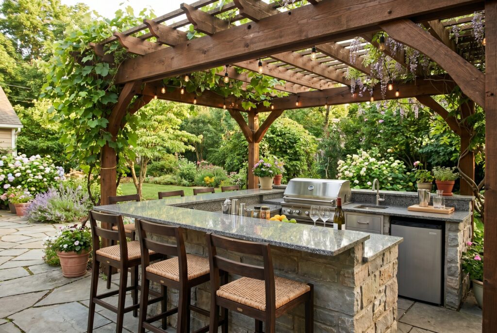 Pergola peninsula bar with stone countertop, bar stools, and climbing vines overhead.