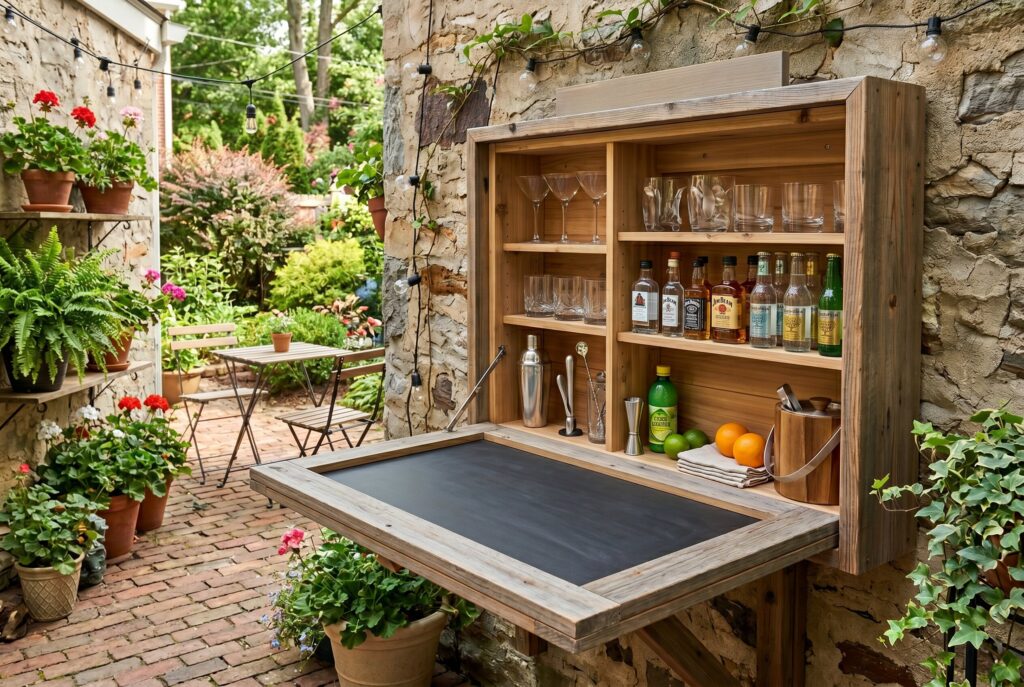 Fold down Murphy bar mounted on wall with storage shelves and compact patio design.