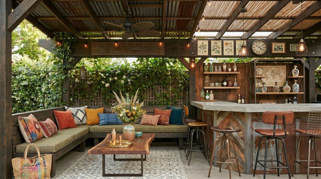 Outdoor bar ideas with sunken lounge seating, built in bar, and luxury backyard entertaining area.
