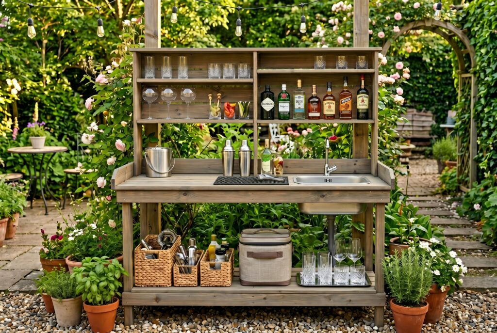 Repurposed potting bench transformed into outdoor bar with shelves and storage baskets.