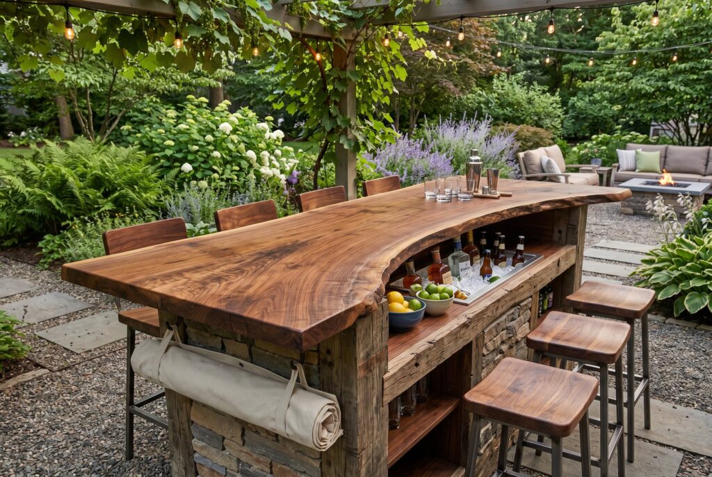 Live edge wood outdoor bar island with rustic stools and garden landscape backdrop.