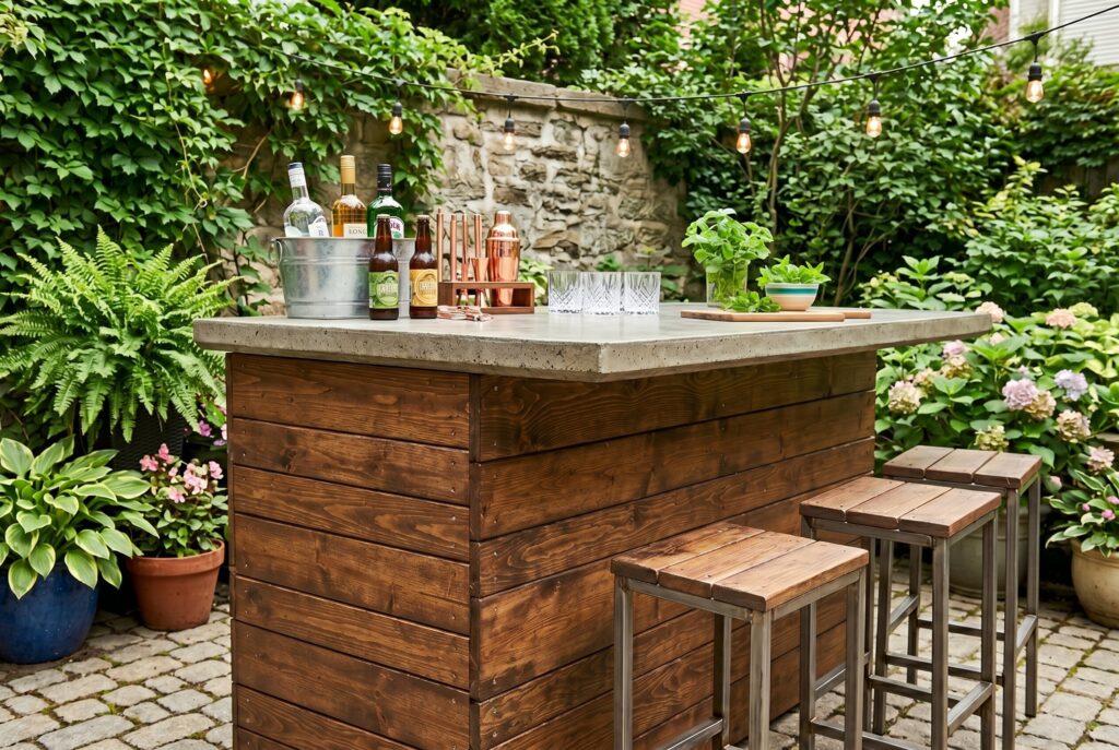 Upcycled pallet wood outdoor bar counter with rustic stools and garden surroundings.