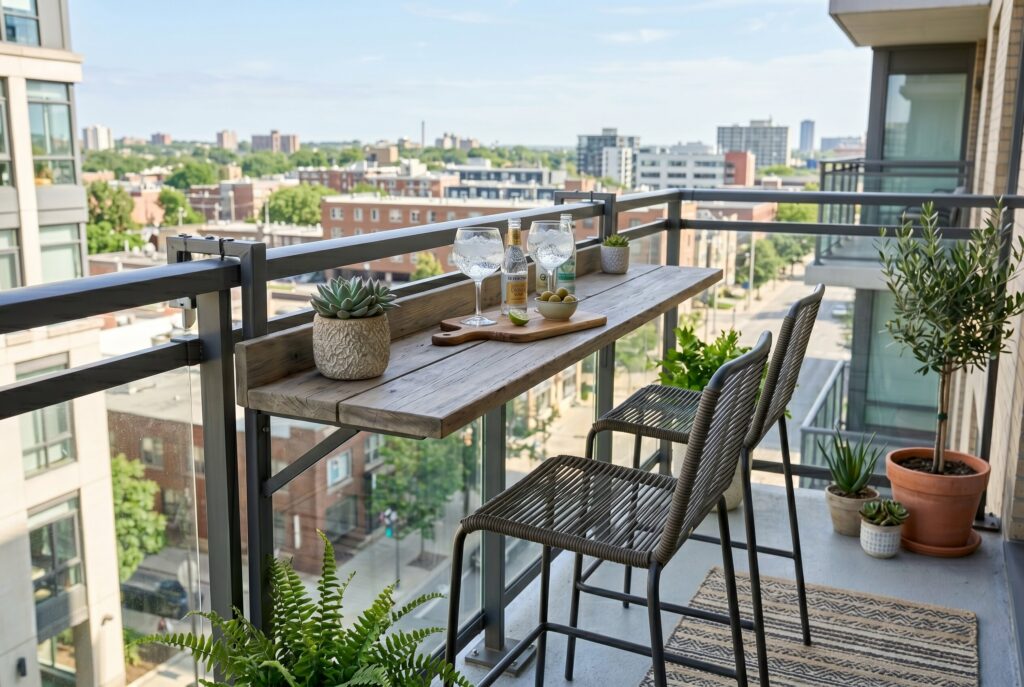 Balcony railing bar table with stools and city skyline views on apartment patio.