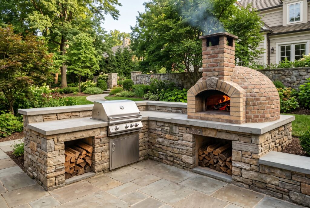 Outdoor kitchen with grill, side burner, refrigerator, and separate serving counter zones.