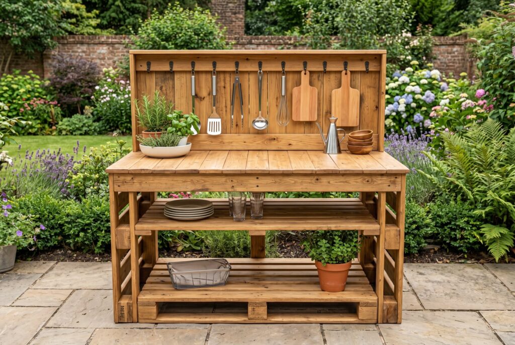 Upcycled pallet outdoor prep station with utensil hooks and garden workspace design.