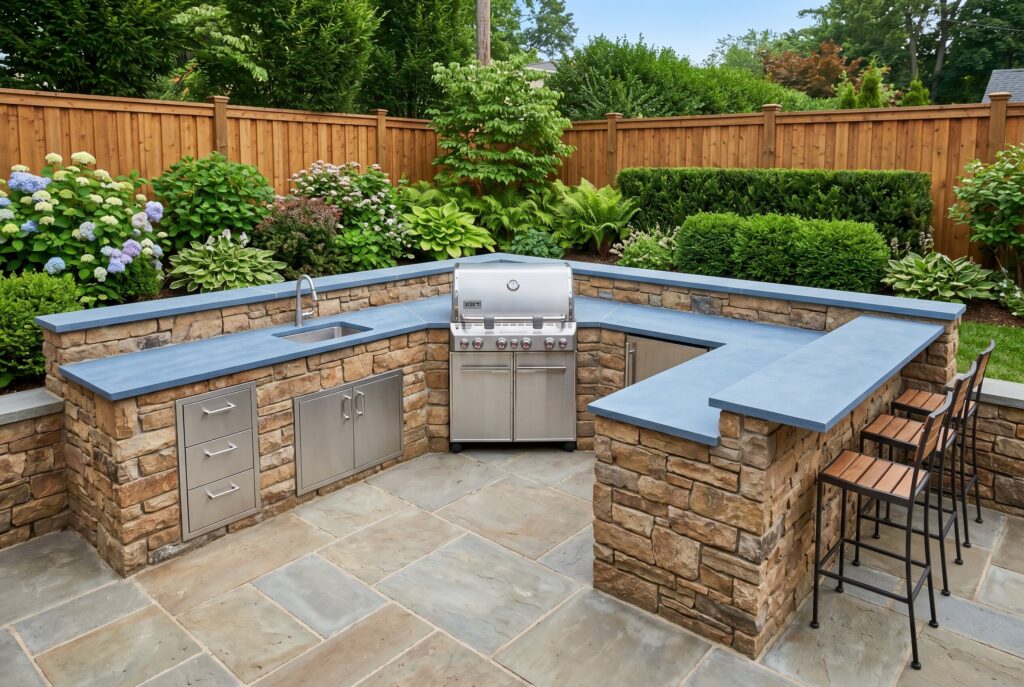 Concrete monolith grill station with seamless counters and stainless storage doors.