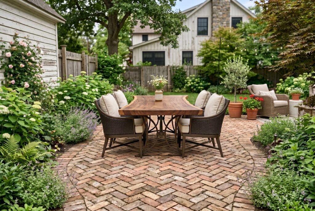 Herringbone reclaimed brick patio with outdoor dining table and cottage garden borders.