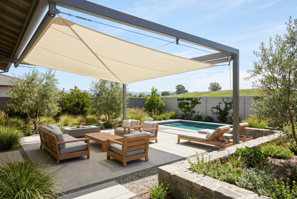 Retractable shade sail covering poolside patio with modern outdoor seating.