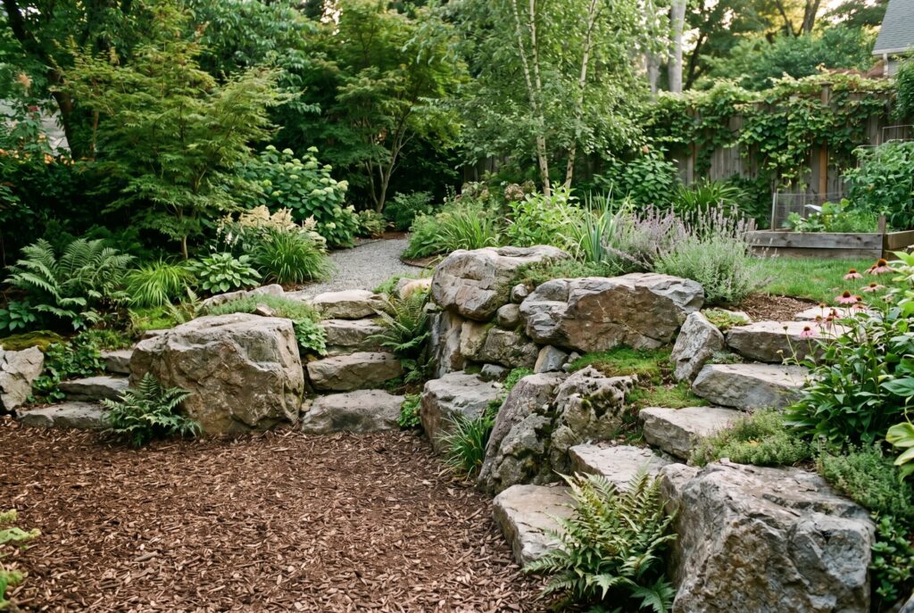 Natural boulder climbing area with soft mulch and family backyard play space.