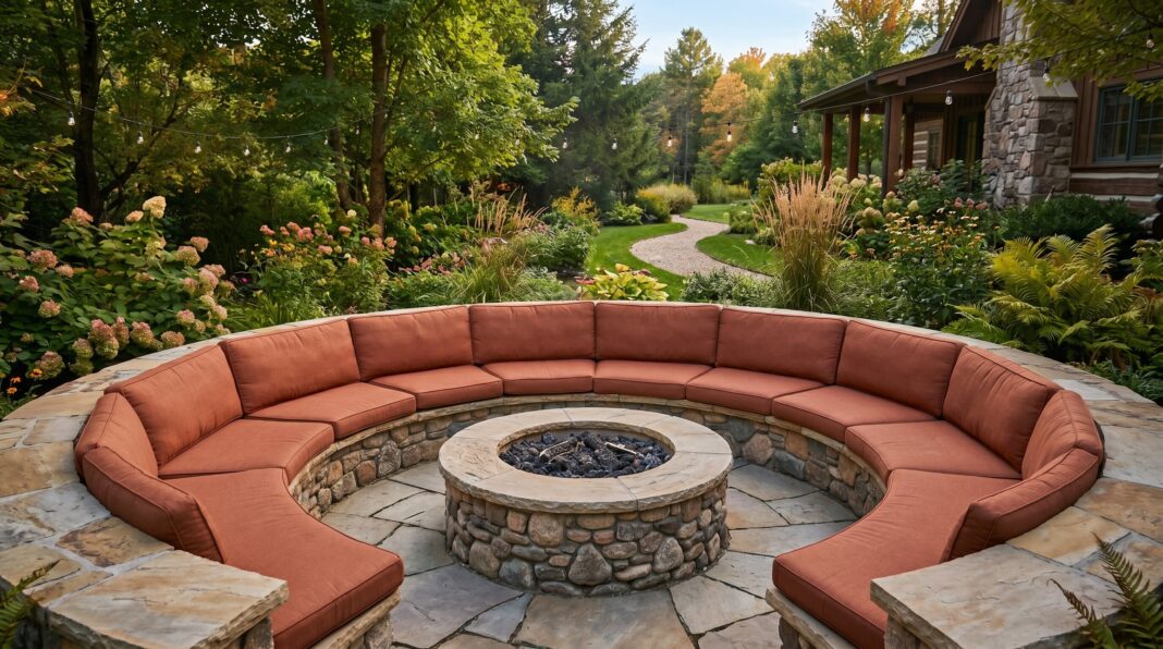 Fire pit seating ideas with curved sectional seating, stone fire pit, and landscaped backyard retreat.