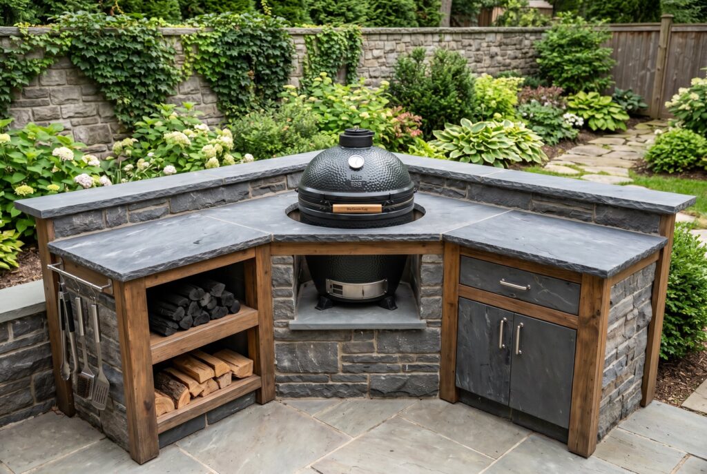 Pellet grill station with stone base, wood storage drawer, and prep countertop.