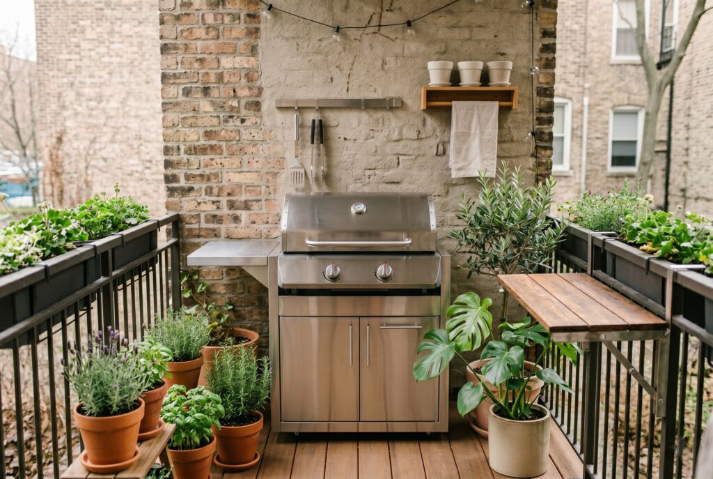 Compact balcony grill station with stainless cabinetry, electric grill, and fold down prep shelf.