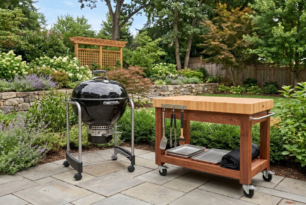 Mobile outdoor prep cart with butcher block top beside a freestanding charcoal grill.