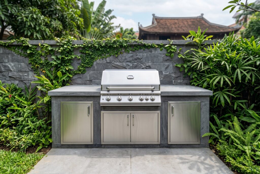 Straight wall grill station with centered built in grill, storage cabinets, and stone surround.