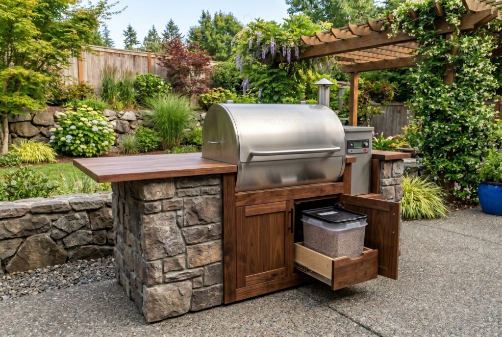 Grill station with wood fired pizza oven, stone countertops, and integrated firewood storage.