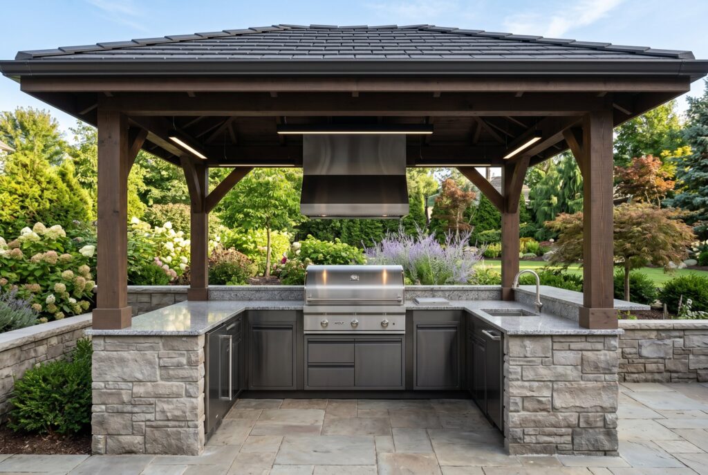 Argentine asado grill with adjustable grate, firewood storage, and masonry prep counter.