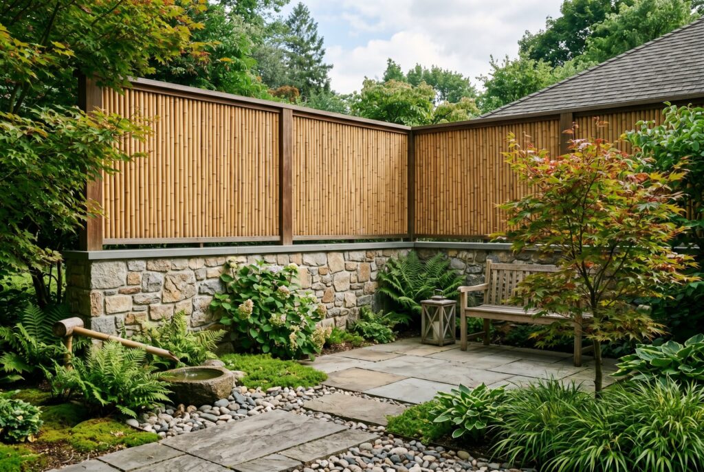 Bamboo and stone privacy wall with bench seating and Japandi garden landscaping.