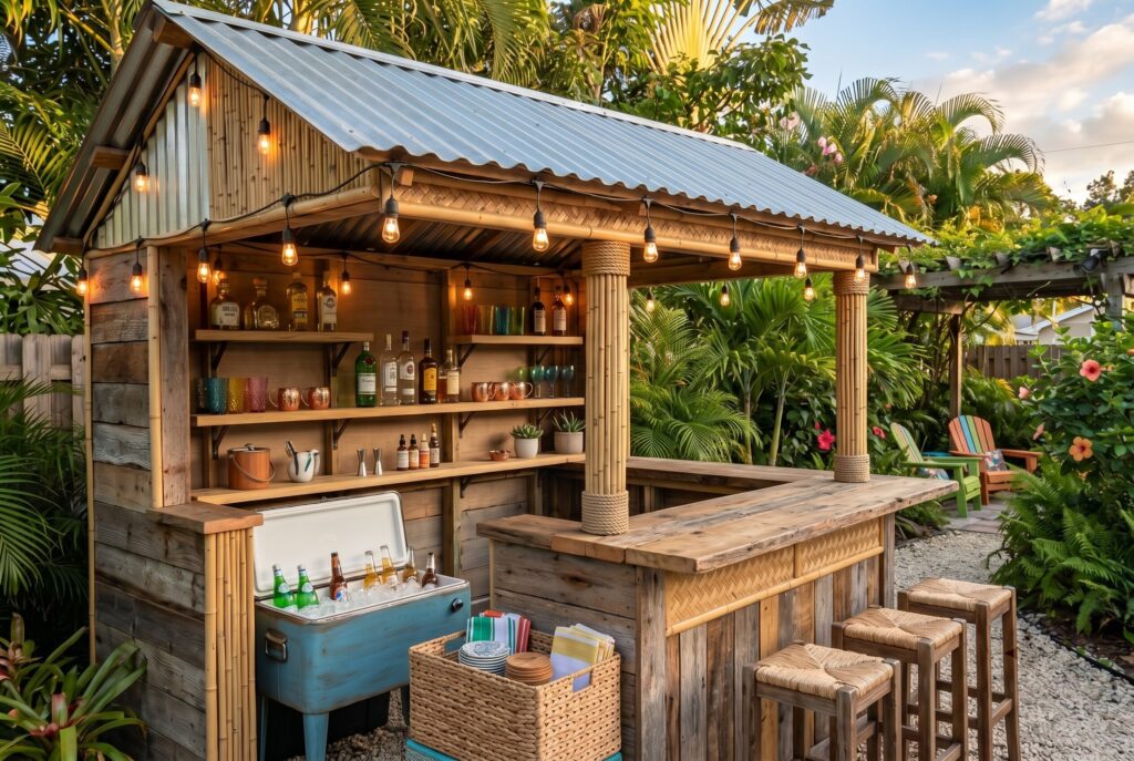 Rustic outdoor bar shack with corrugated metal roof, wood counter, and tropical landscaping.