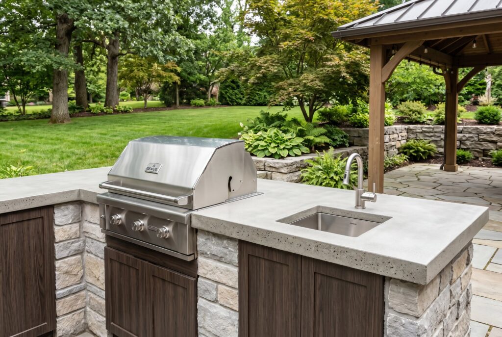 DIY outdoor kitchen with poured concrete countertop, grill, and integrated sink.