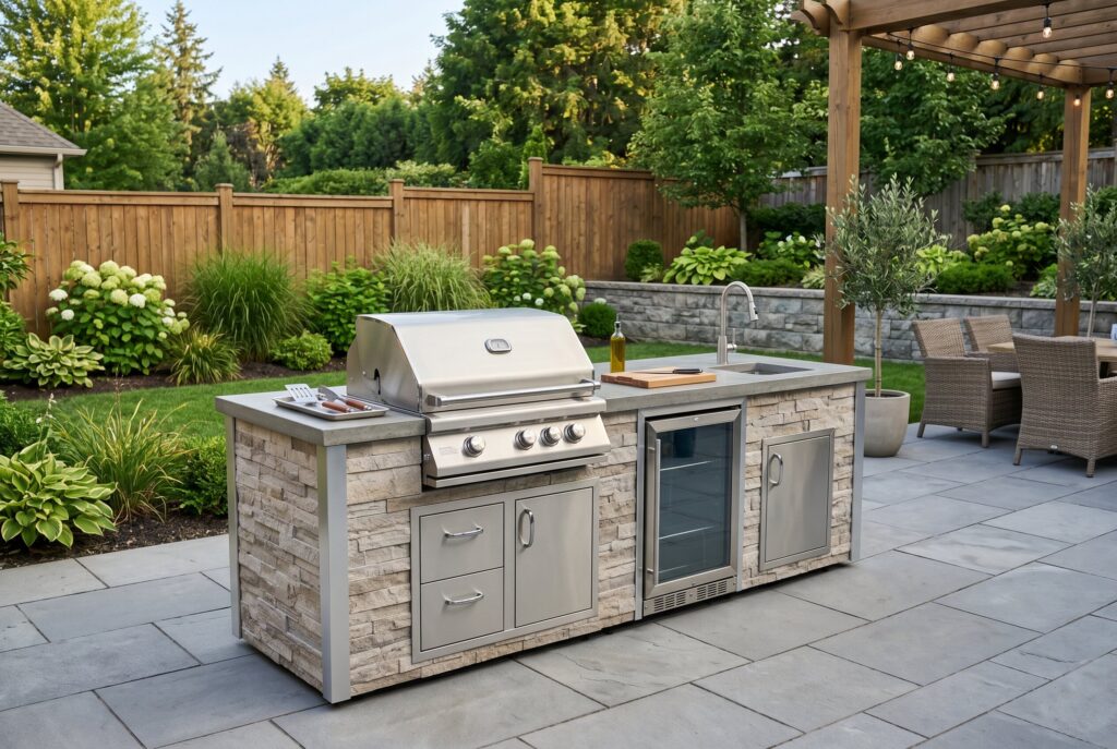 Prefab outdoor kitchen island with built in grill, storage cabinets, and modern patio design.
