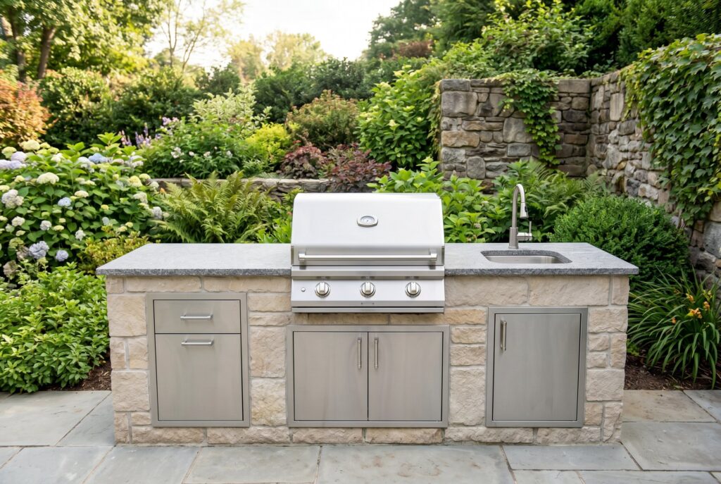 Six foot outdoor kitchen with centered grill, sink, storage cabinets, and stone cladding.