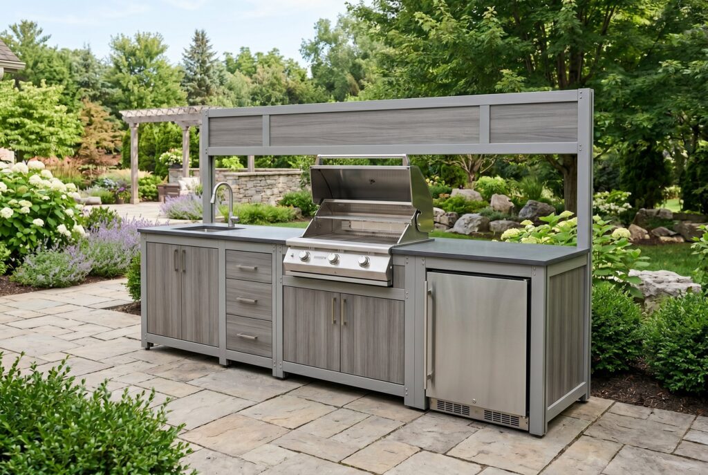 Modular outdoor kitchen kit with weather resistant cabinetry and appliance cutouts.