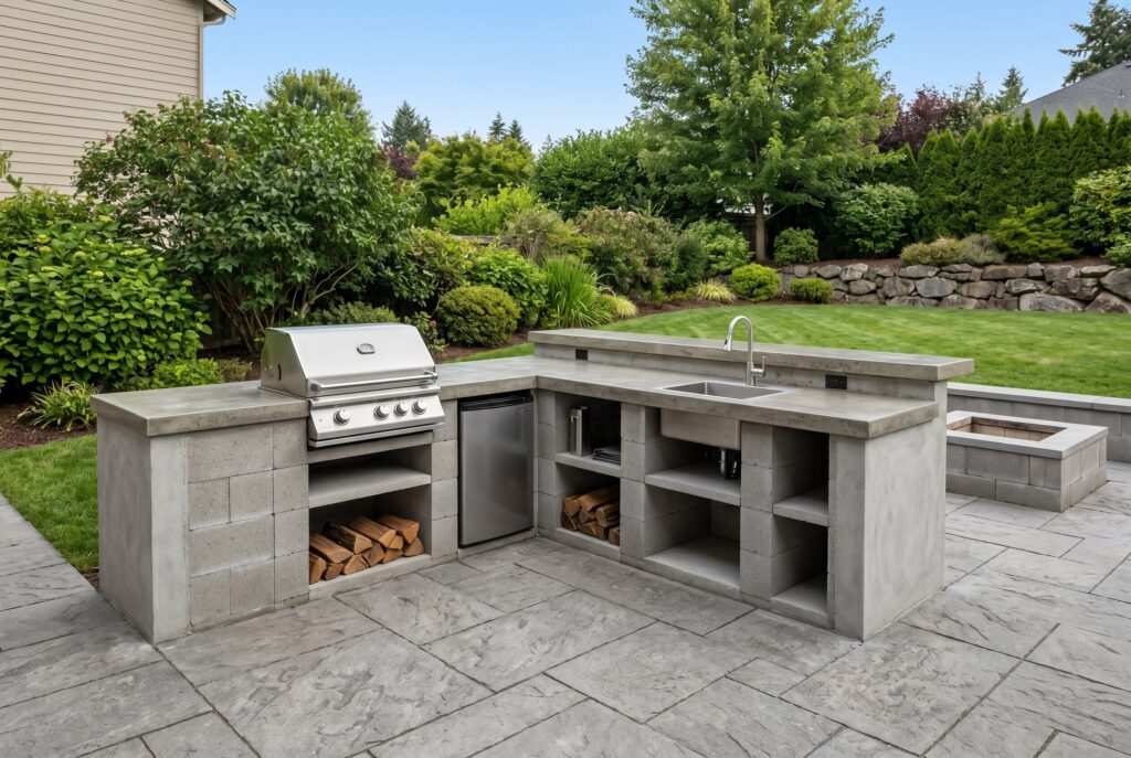 DIY concrete block outdoor kitchen with grill station, sink, and open storage cubbies.