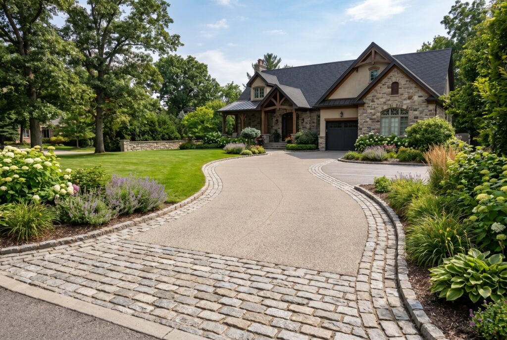 Cobblestone driveway accents with curved borders and luxury curb appeal landscaping.