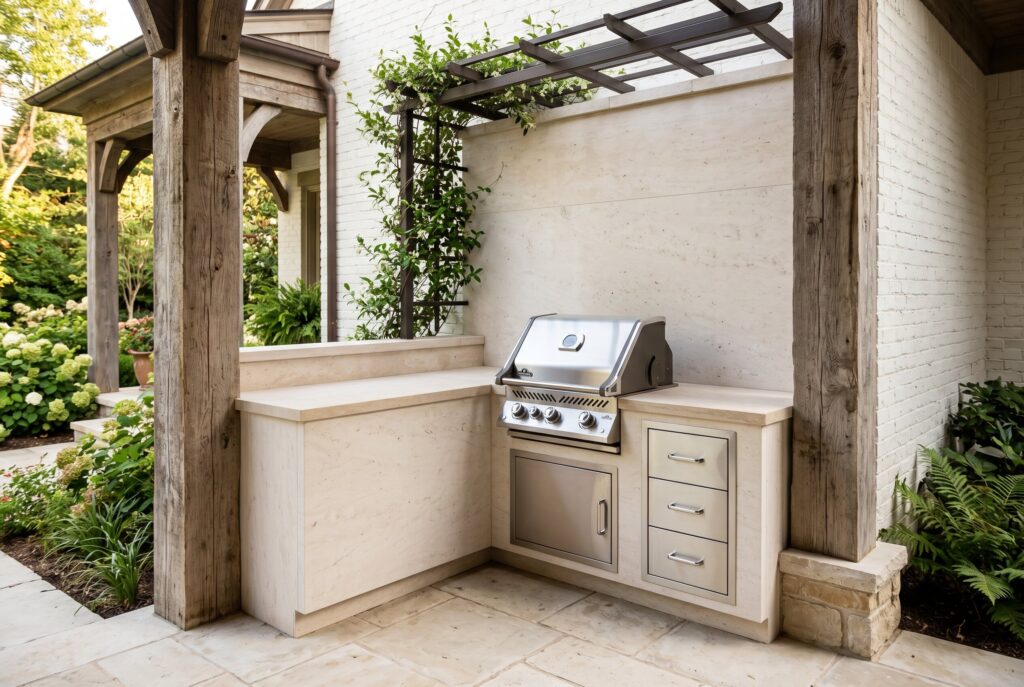 Small L shaped outdoor kitchen with grill, sink, bar seating, and stone retaining wall backdrop.