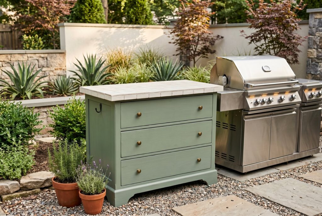 Thrifted dresser converted into outdoor kitchen island with tiled countertop and grill station. 