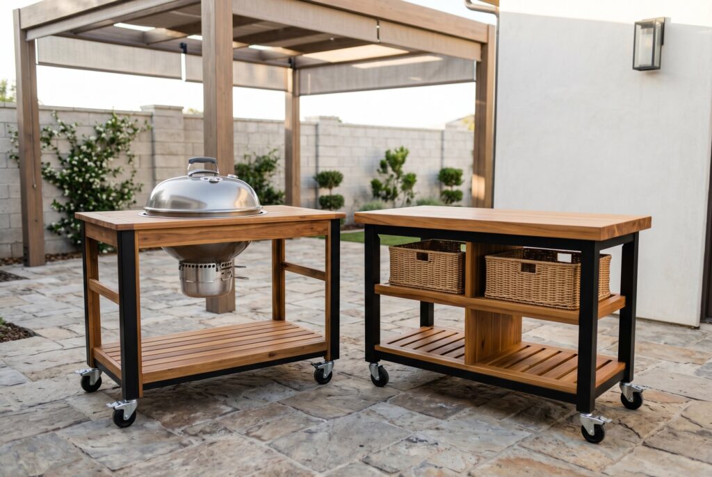 Mobile outdoor kitchen carts with wood tops, storage baskets, and portable grill station. 