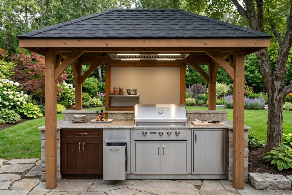 Covered grill shelter with roof structure, storage cabinets, and outdoor cooking station.