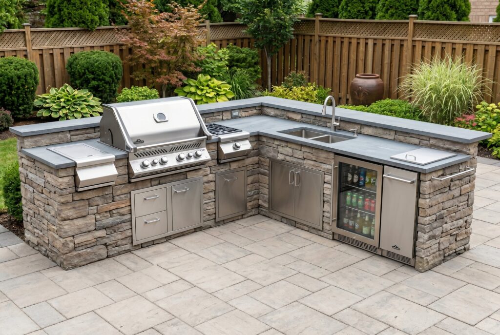L shaped outdoor kitchen with stone cladding, grill, sink, and beverage refrigerator.