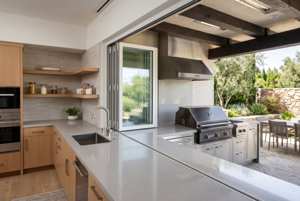 Indoor outdoor pass through kitchen with accordion window connecting patio grill station.