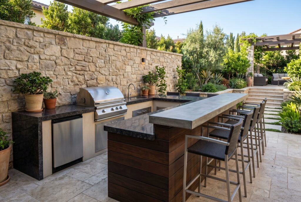 Outdoor kitchen with raised bar seating, grill station, and long entertainment counter.